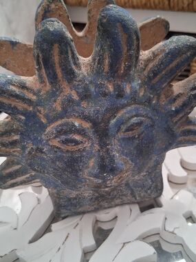 Handcrafted Blue Sun Face Ceramic Accent - Rustic Napkin Holder